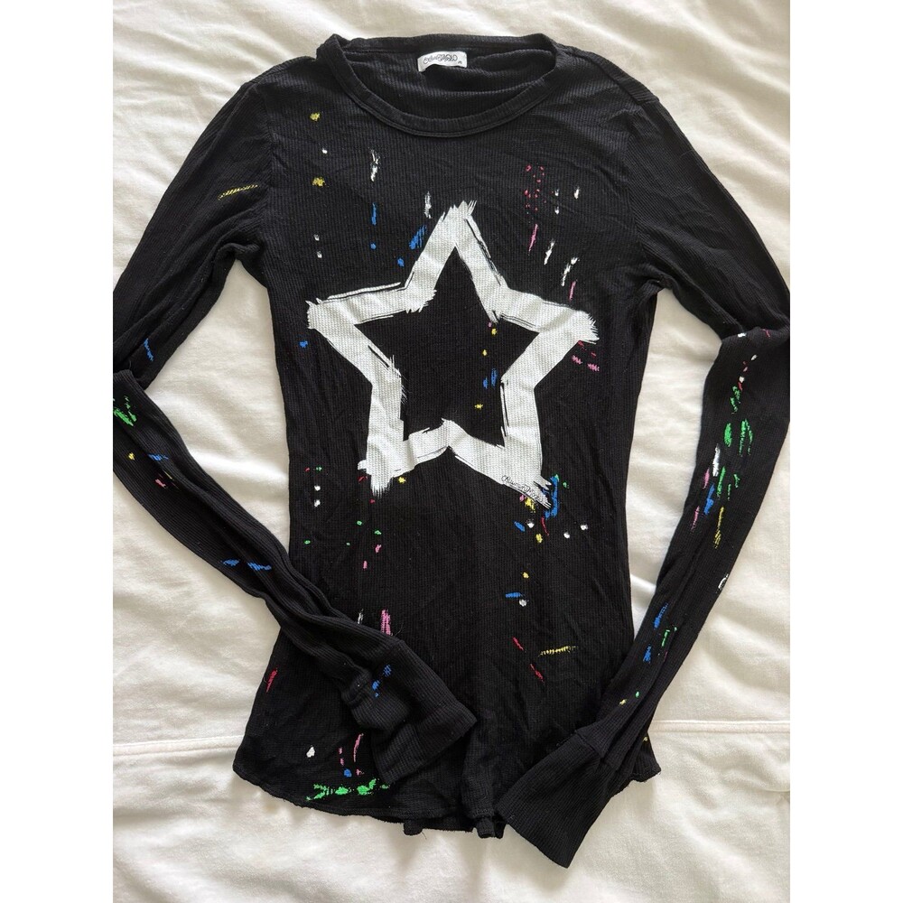 Lauren Moshi Black Rainbow Splatter Star Long Sleeve Top Size M
